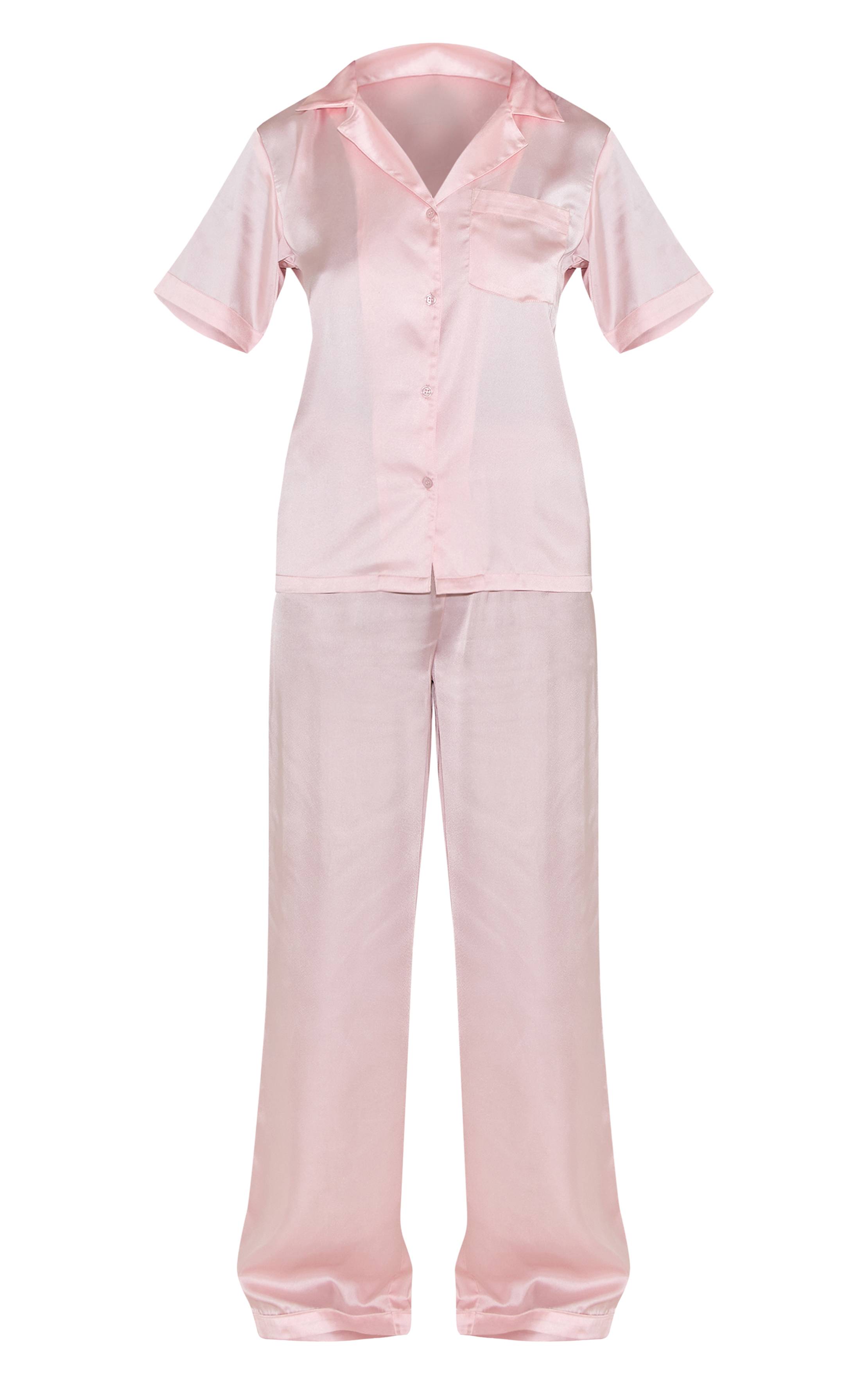 Rose Ensemble De Pyjama Long En Satin À Manches Courtes