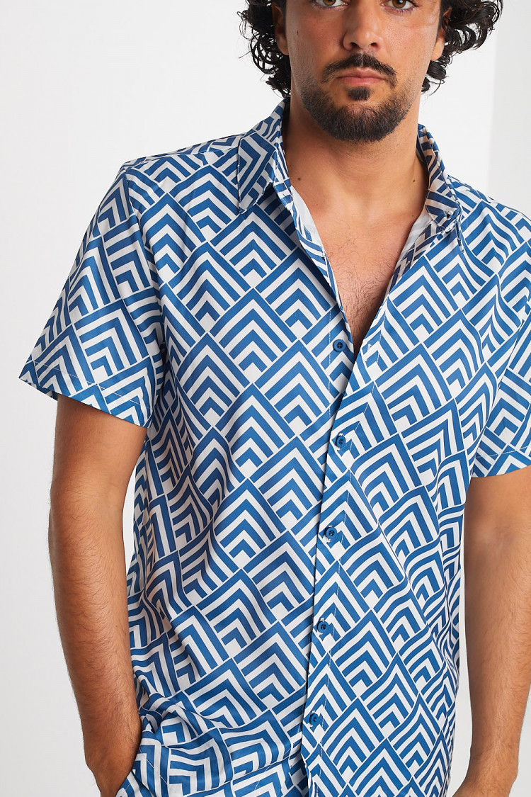 Ensemble 2 pièces chemise + short bleu à motif géométrique