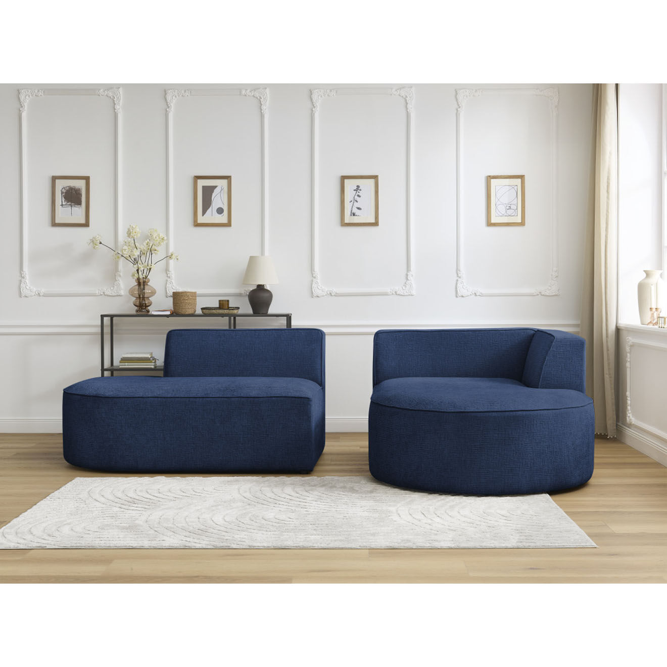 Bobochic Canapé d'angle droit fixe 4 places Rousseau texturé bleu foncé - 250x160x72 cm