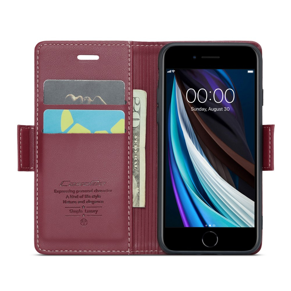 iPhone SE (2022/2020) / 8 / 7 / 6S Leder Tasche Flip Wallet Etui mit Kartenfächern Litchi Look (RFID Schutz) - Rot