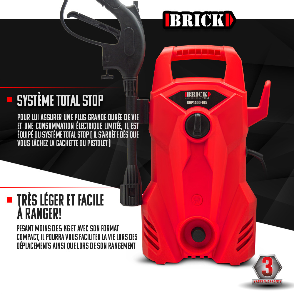 Nettoyeur haute pression 1400w - 105 bars - buse turbo et buse rotative - brick