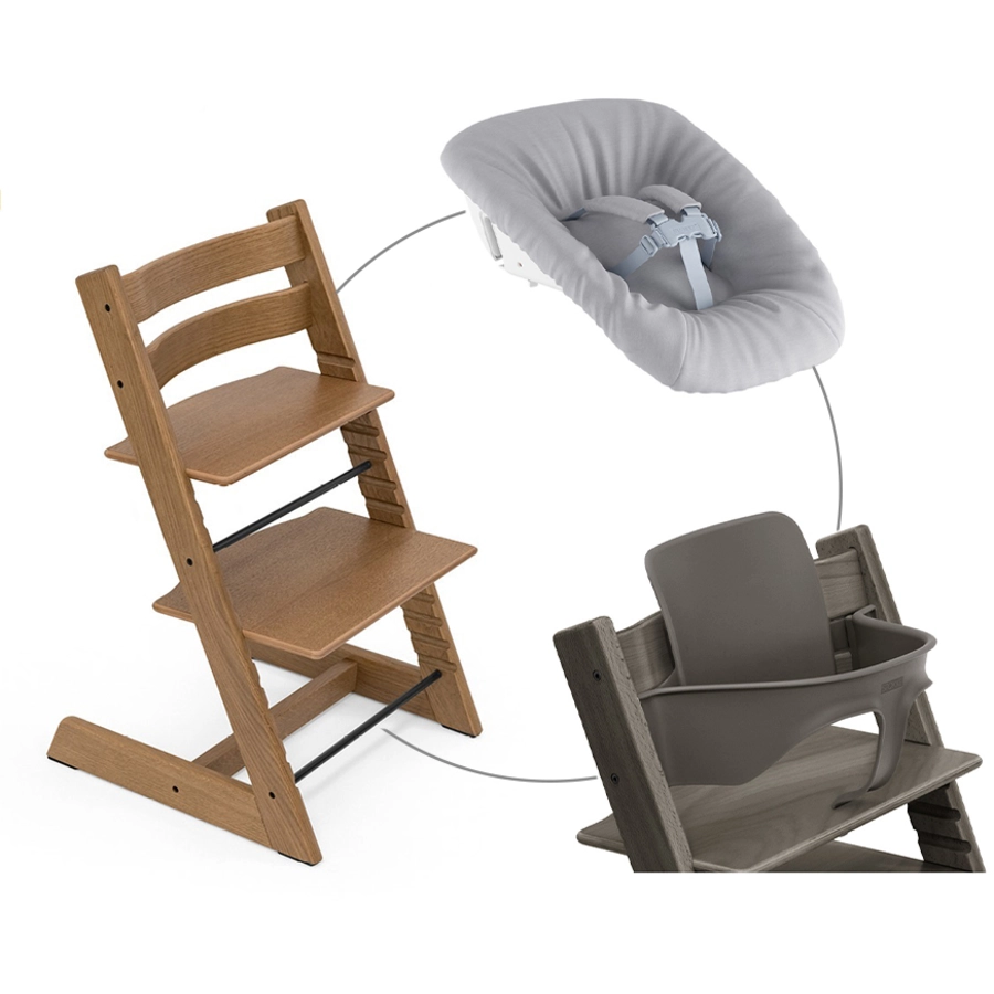 STOKKE® Mega Tripp Trapp® Set Hochstuhl Oak Brown inkl. Newborn Set™ Grey und Baby Set Hazy Grey