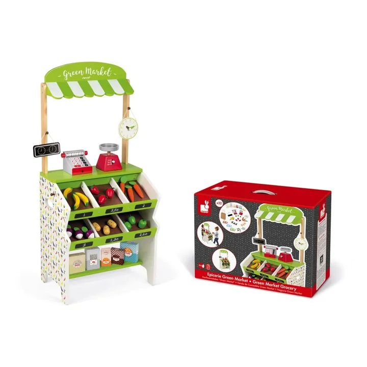 Janod Epicerie Green Market en bois avec 32 accessoires