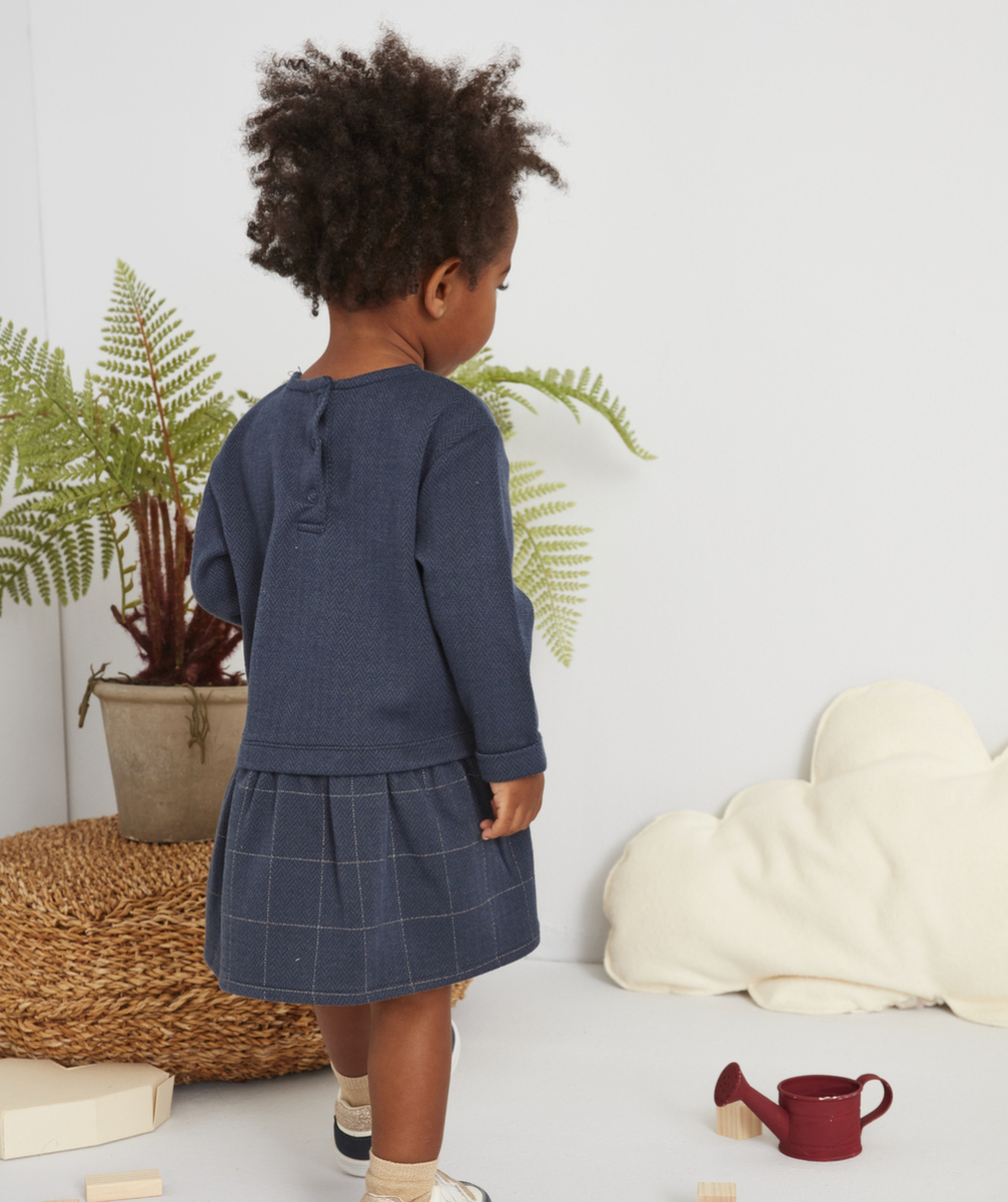 ROBE AVEC PULL INTÉGRÉ BLEU MARINE BÉBÉ FILLE AVEC POMPONS COLORÉS