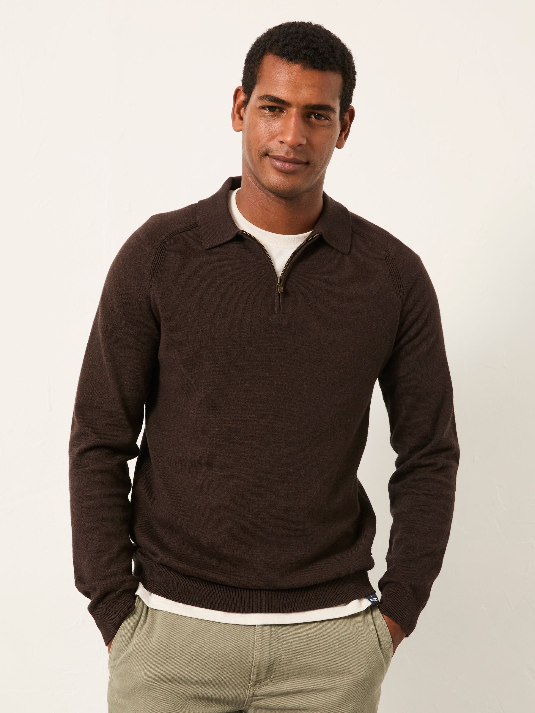 Chocoladebruin - FatFace Zip Collar Knitted Polo Jumper