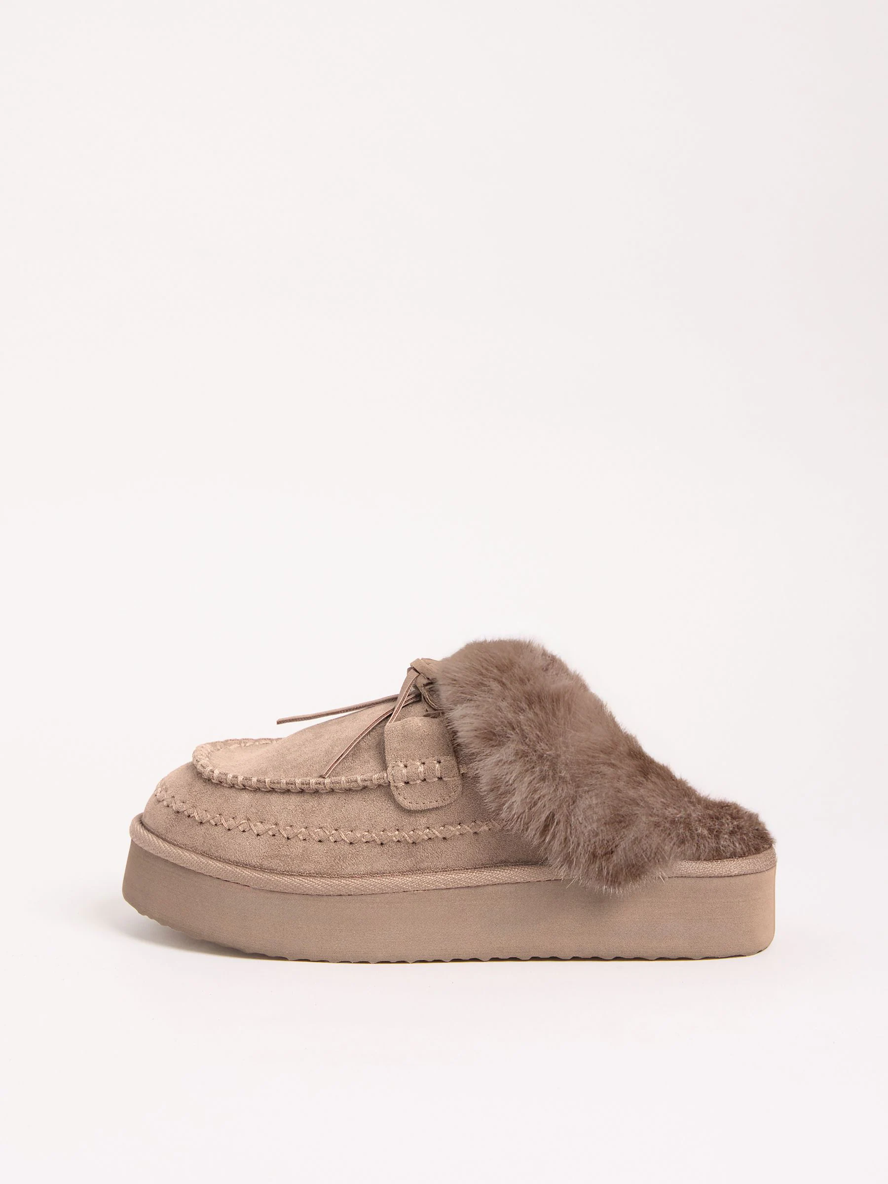 Taupe - Friends Like These Suedette Faux Fur Lined Whipstitch Mule Slippers