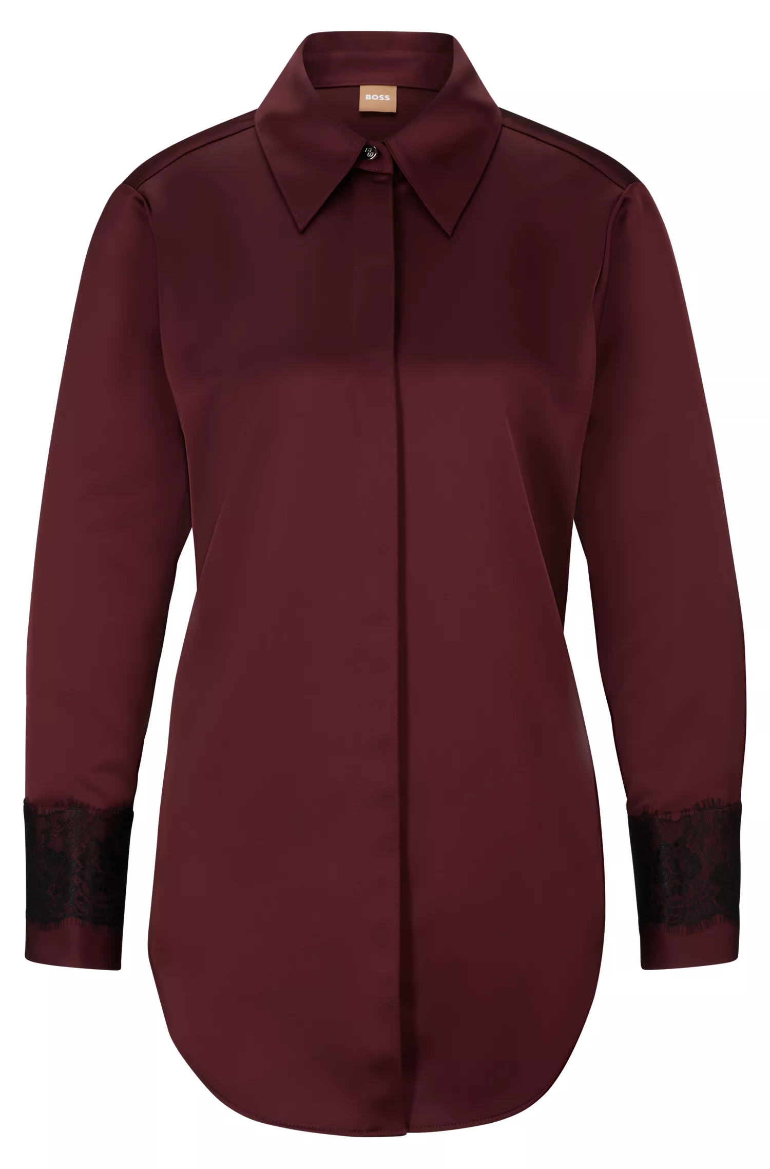 Blusa BOSS preta de corte justo em cetim com detalhes em renda.
