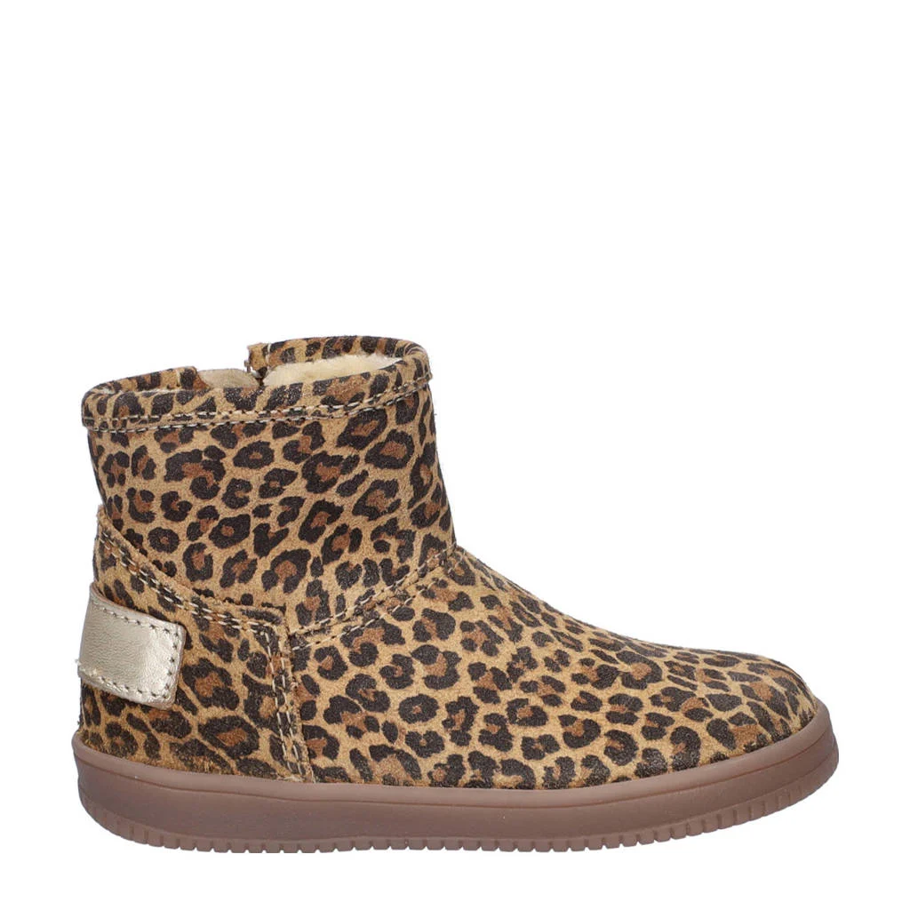 Nelson Kids gevoerde suède enkelboots met panterprint beige/zwart