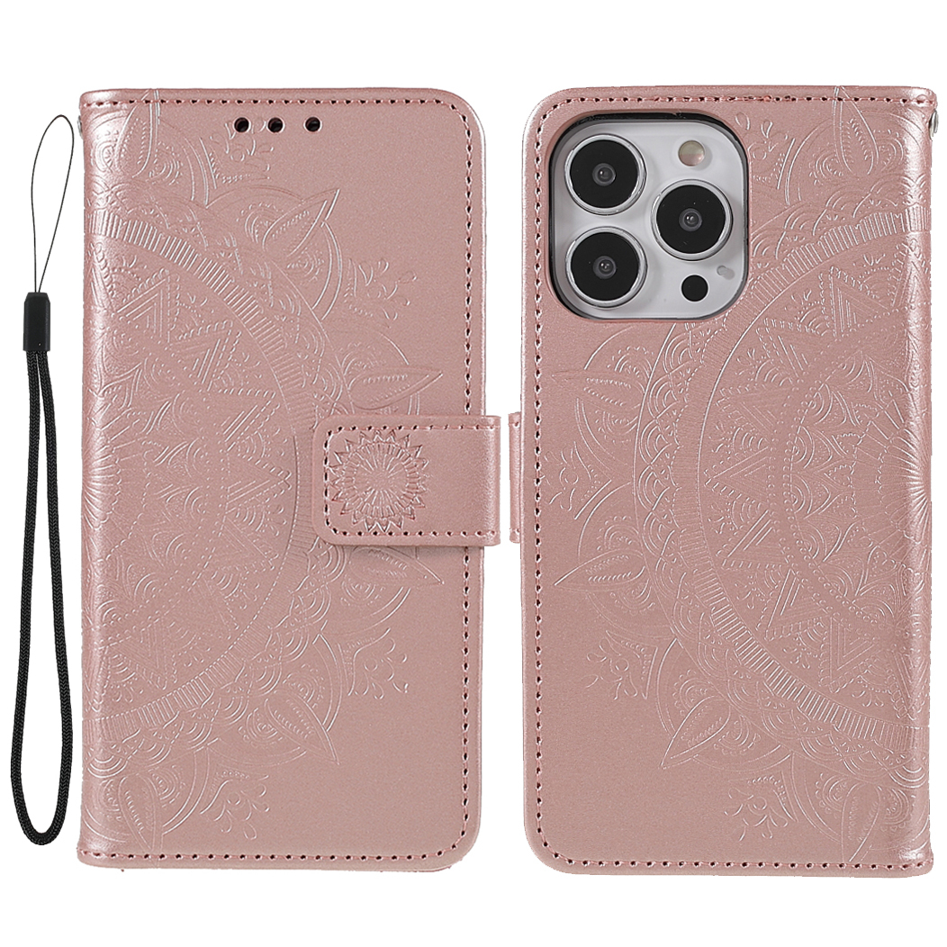iPhone 13 Pro Leder Tasche Wallet - Mandala Flowers Imprint - Roségold