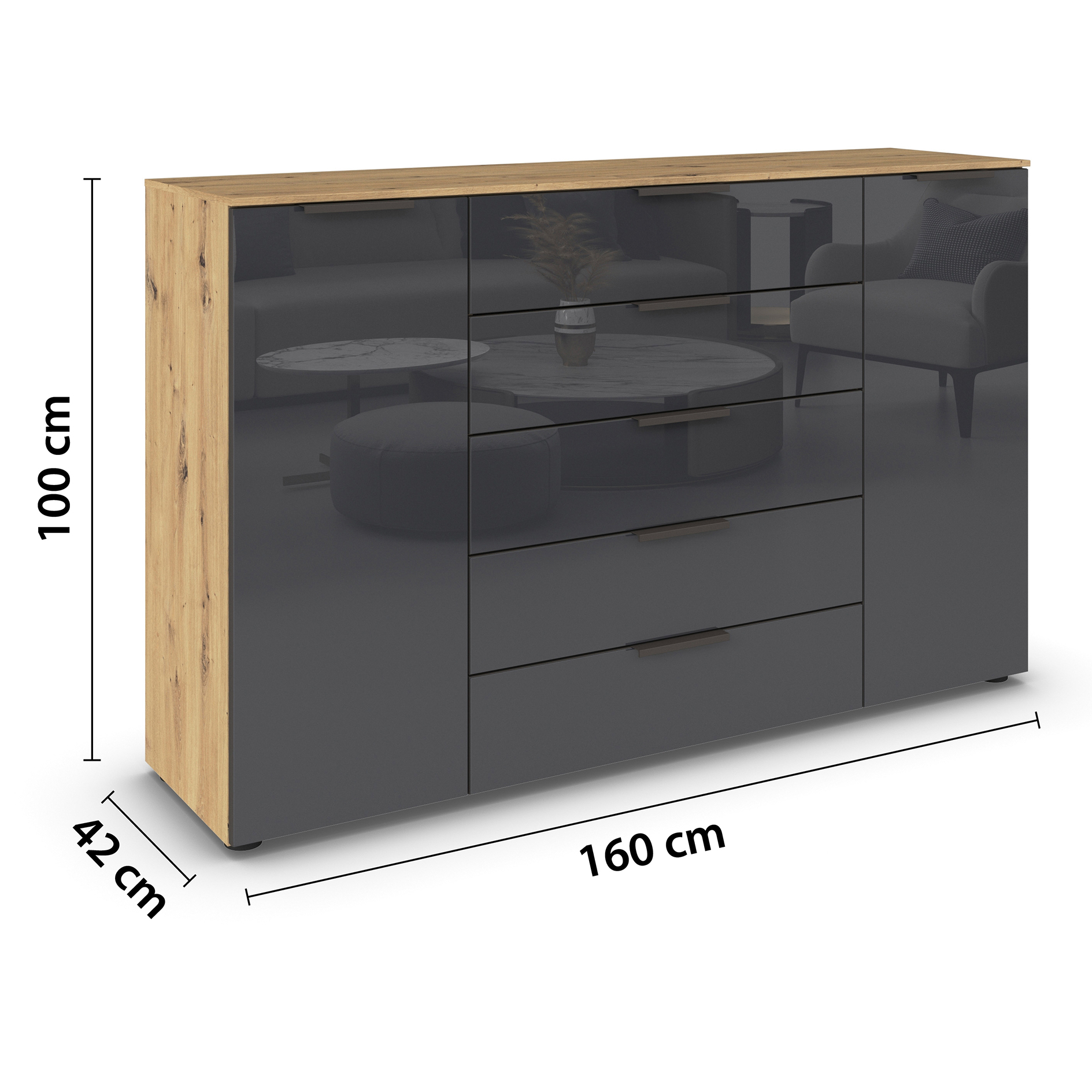Kommode - Artisan Eiche-Basaltglas - Graphitgriffe - 160 cm