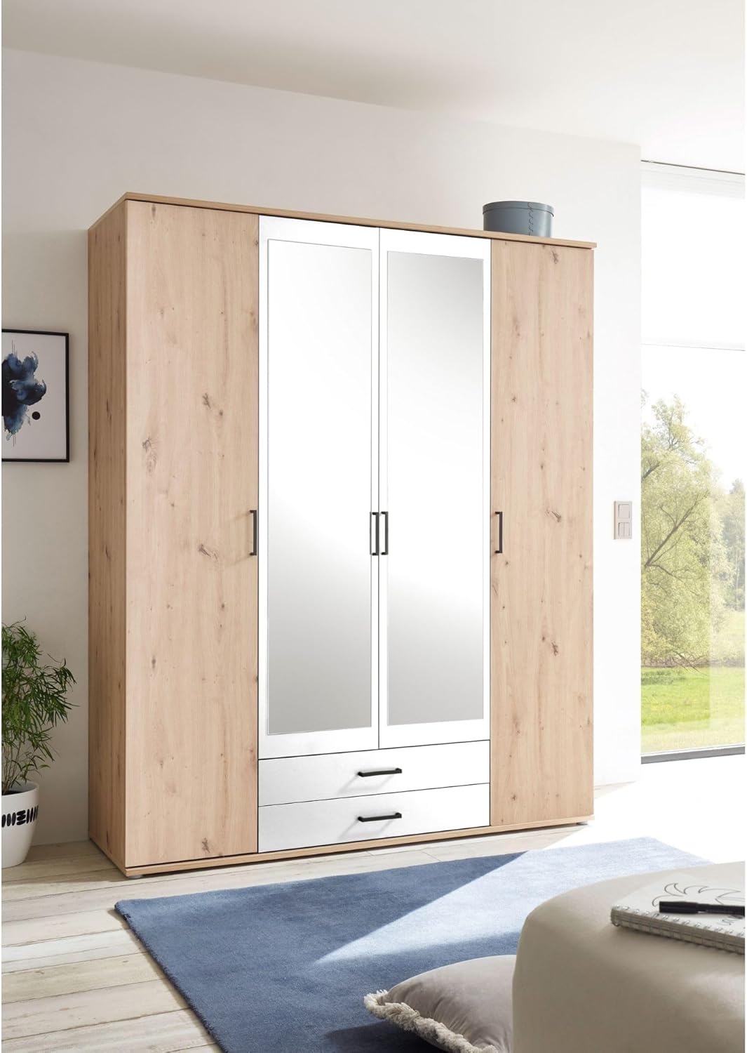 CHICAGO Eleganter Kleiderschrank mit viel Stauraum - Vielseitiger Drehtürenschrank in Artisan Eiche Optik und Absetzungen in Weiß - 159 x 197 x 54 cm (B/H/T)