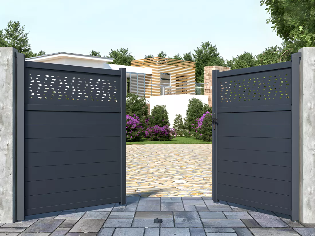Portail électrique battant aluminium semi plein à motifs L305 x H181 cm anthracite - BAZIO