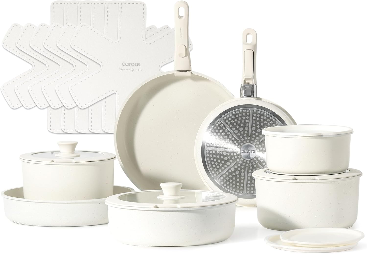 CAROTE 21-teiliges Topf- und Pfannen-Set mit abnehmbarem Griff, antihaftbeschichtet, Induktionskochgeschirr, abnehmbarer Griff, ofenfestes Kochgeschirr, cremeweiß