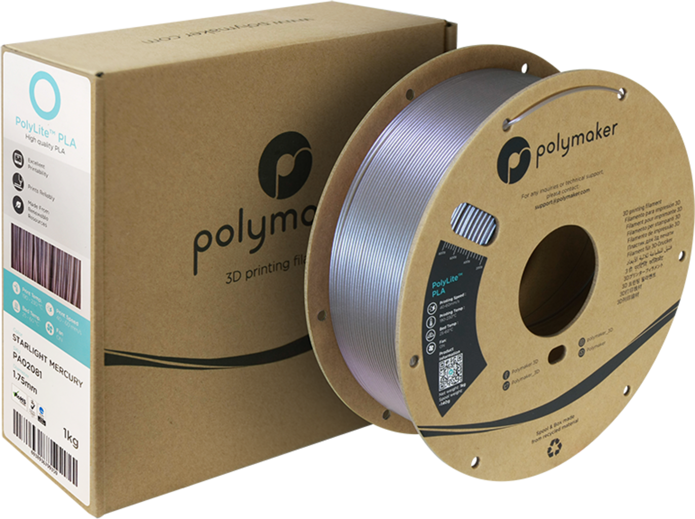 Polymaker  PolyLite PLA Starlight Mercury, 1,75 mm / 1000 g    PLA Filament mit wechselndem Farbeffekt
