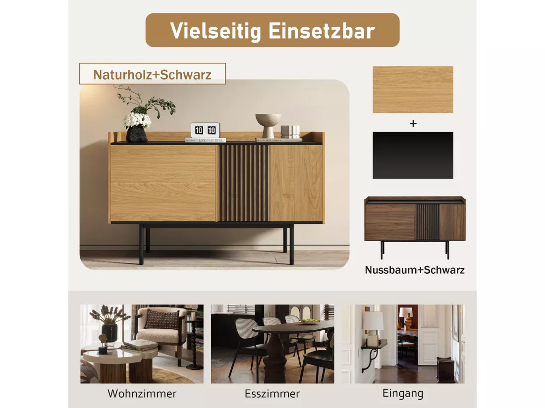 Buffet bas avec 2 tiroirs et 2 portes - 130 x 40 x 80.5 cm - étagère réglable - Bois MDF - Naturel + noir