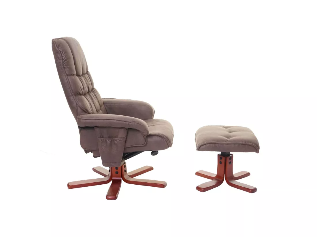 Fauteuil de relaxation MCW-E30 avec pouf, imitation de daim, marron