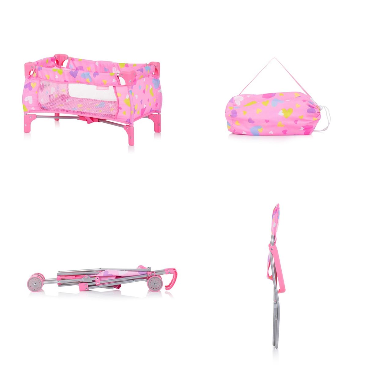 Chipolino Puppen-Zubehör-Set 3in1 Trixy Buggy Hochstuhl Tasche Laufstall faltbar rosa