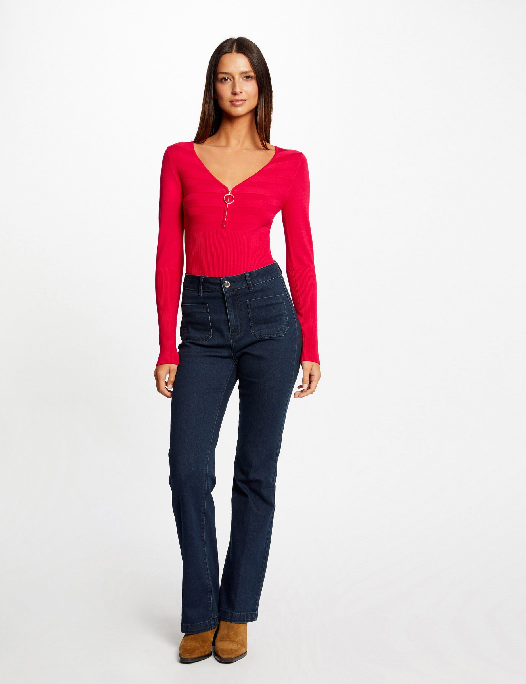 Pull manches longues à détail zippé rose moyen femme - rose_moyen