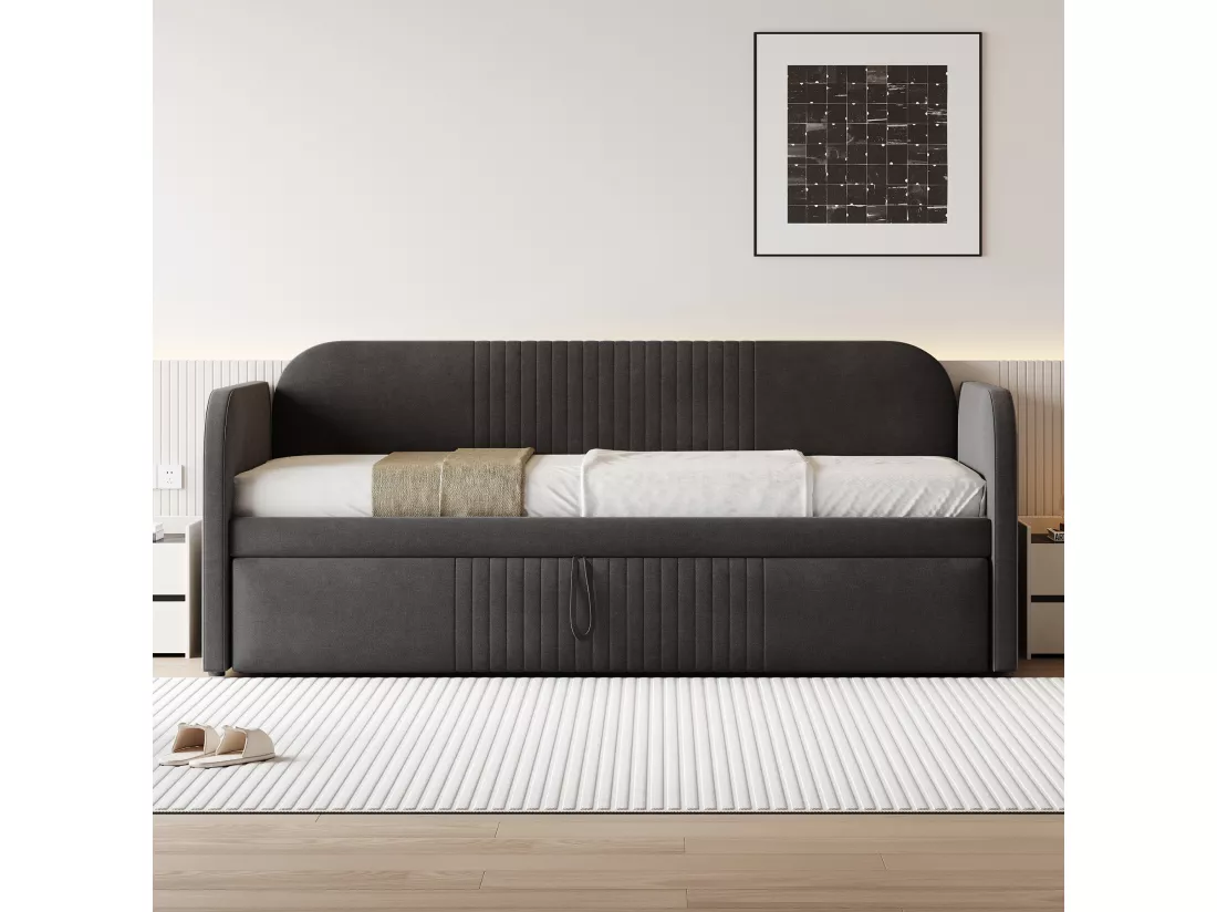 Lit gigogne 90/180 x 190 cm - tissu en lin - motif à rayures verticales - coloris gris (matelas non inclus)