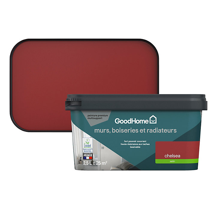 Peinture intérieure couleur murs, boiseries et radiateurs GoodHome Chelsea satin rouge 2,5L