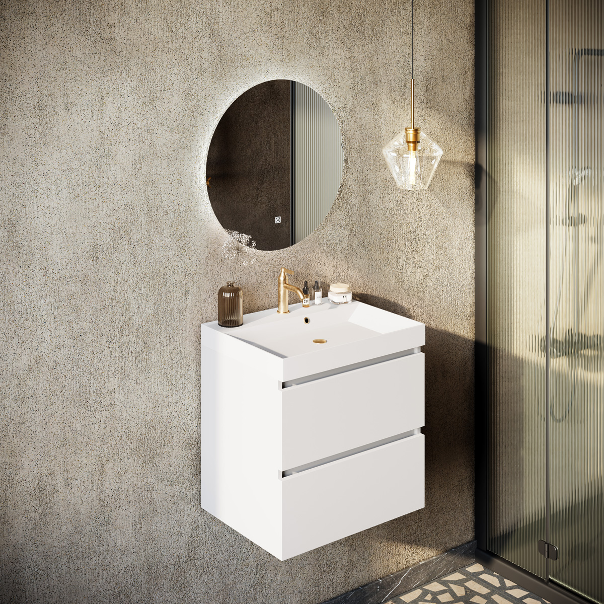 Fontana Kolo wastafelmeubel mat wit 60cm mat witte wastafel 1 kraangat met ronde spiegel