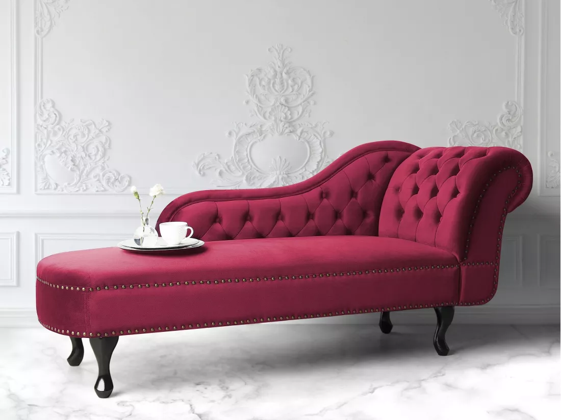 Méridienne Chesterfield côté droit en velours rouge NIMES