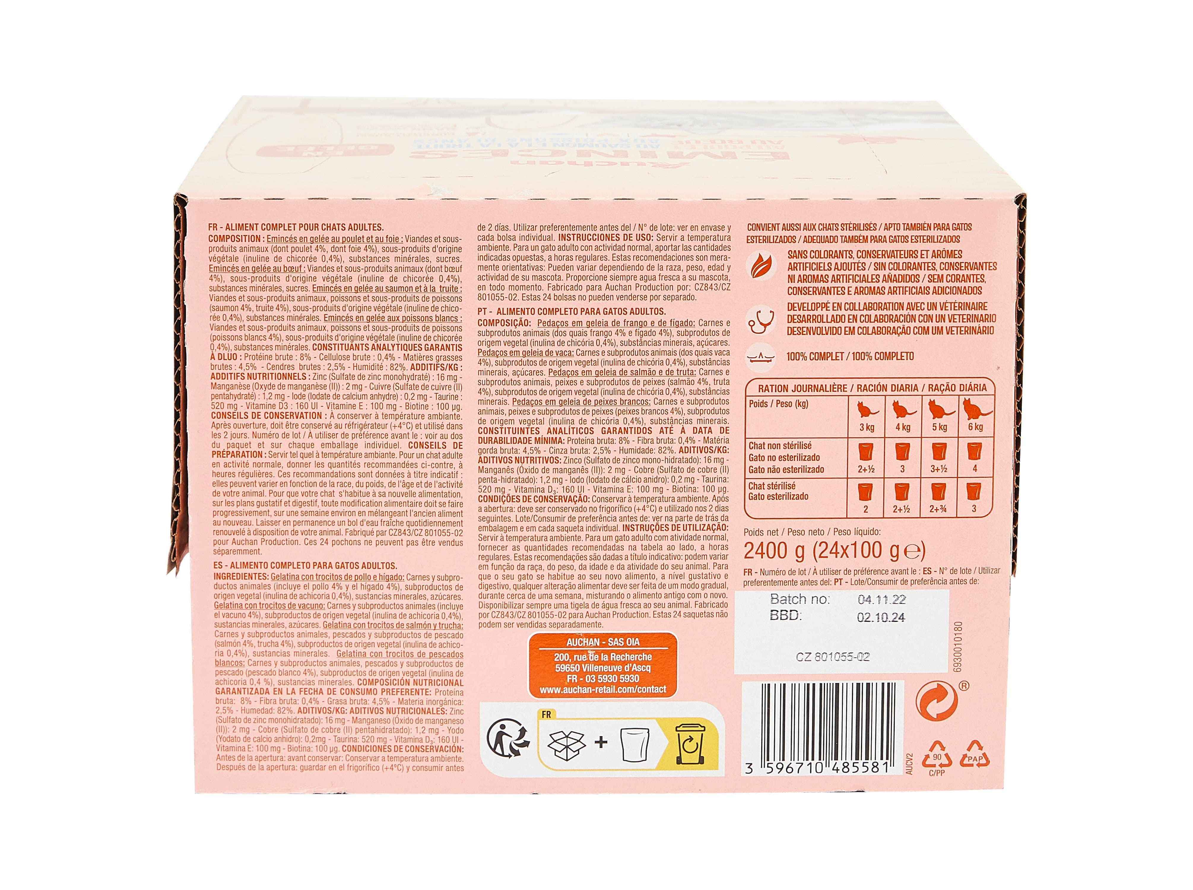 COMIDA HÚMIDA PARA GATO AUCHAN SAQUETAS PEDAÇOS EM GELEIA MIX 24X100G