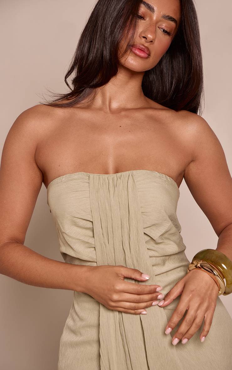 Vert Olive Robe Longue Colonne À Bustier Drapé - Petite
