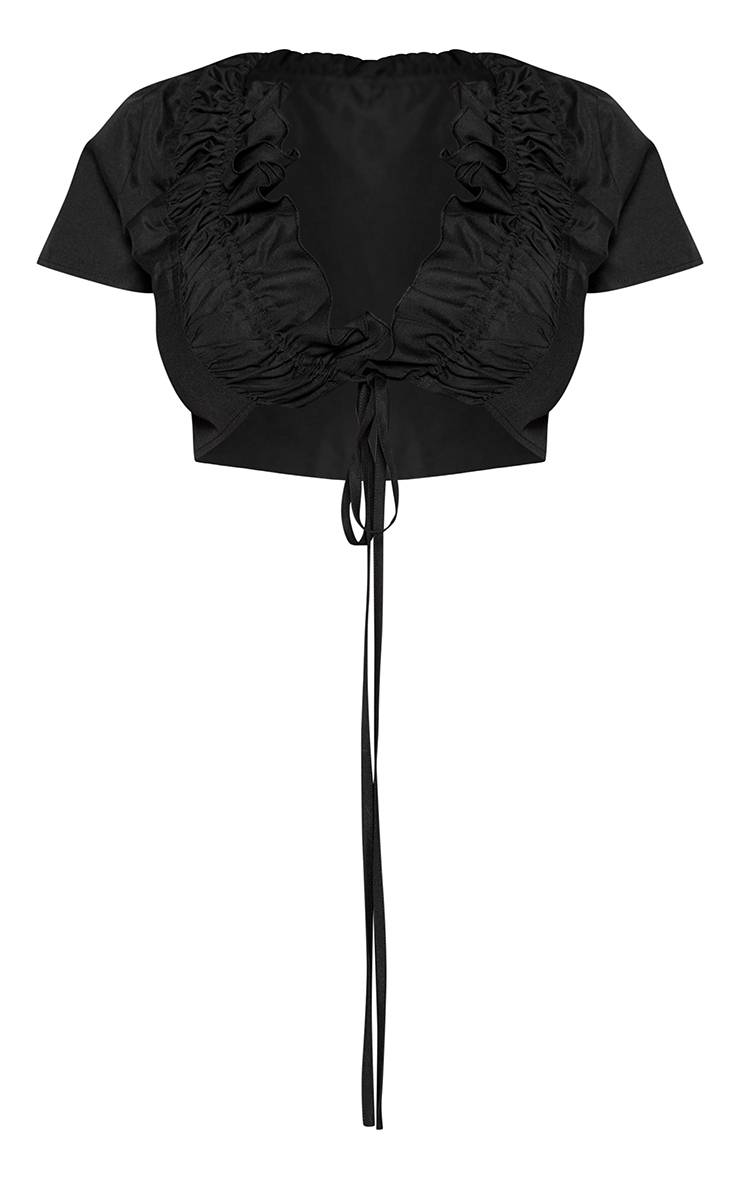 Noir Chemise Courte À Volants Avec Lien À Nouer Devant