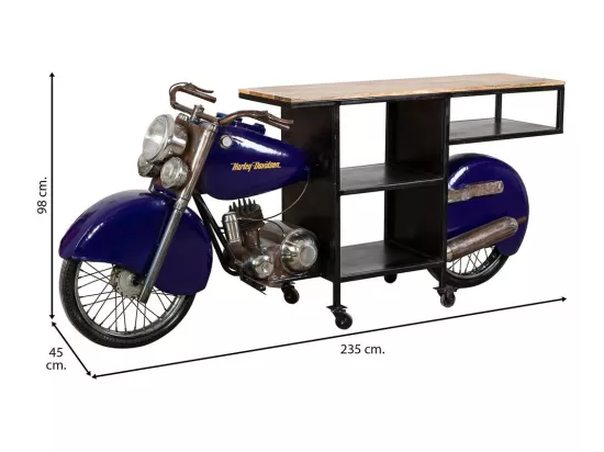 Moto casier à bouteilles en bois et métal bleu 235x45x98h