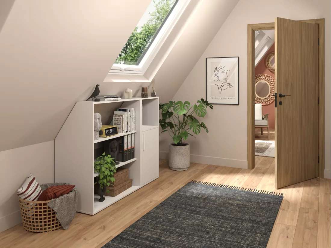 Meuble sous pente 1 porte, 2 étagères et 1 niche - Blanc - ADEZIO