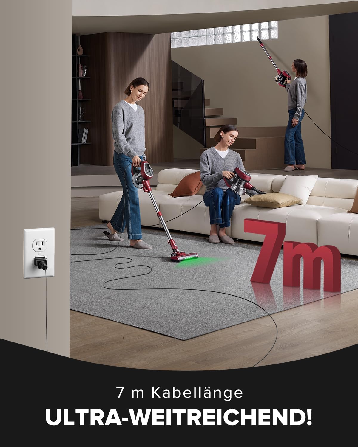 Vexilar C8 6-in-1 Staubsauger, 60KPa Staubsauger mit Kabel, 600W Vacuum Cleaner, 7M Handstaubsauger, Stielstaubsauger mit Kabel mit Bürstenrolle, 1.5L Staubbehälter mit Handgriff für Tierhaare