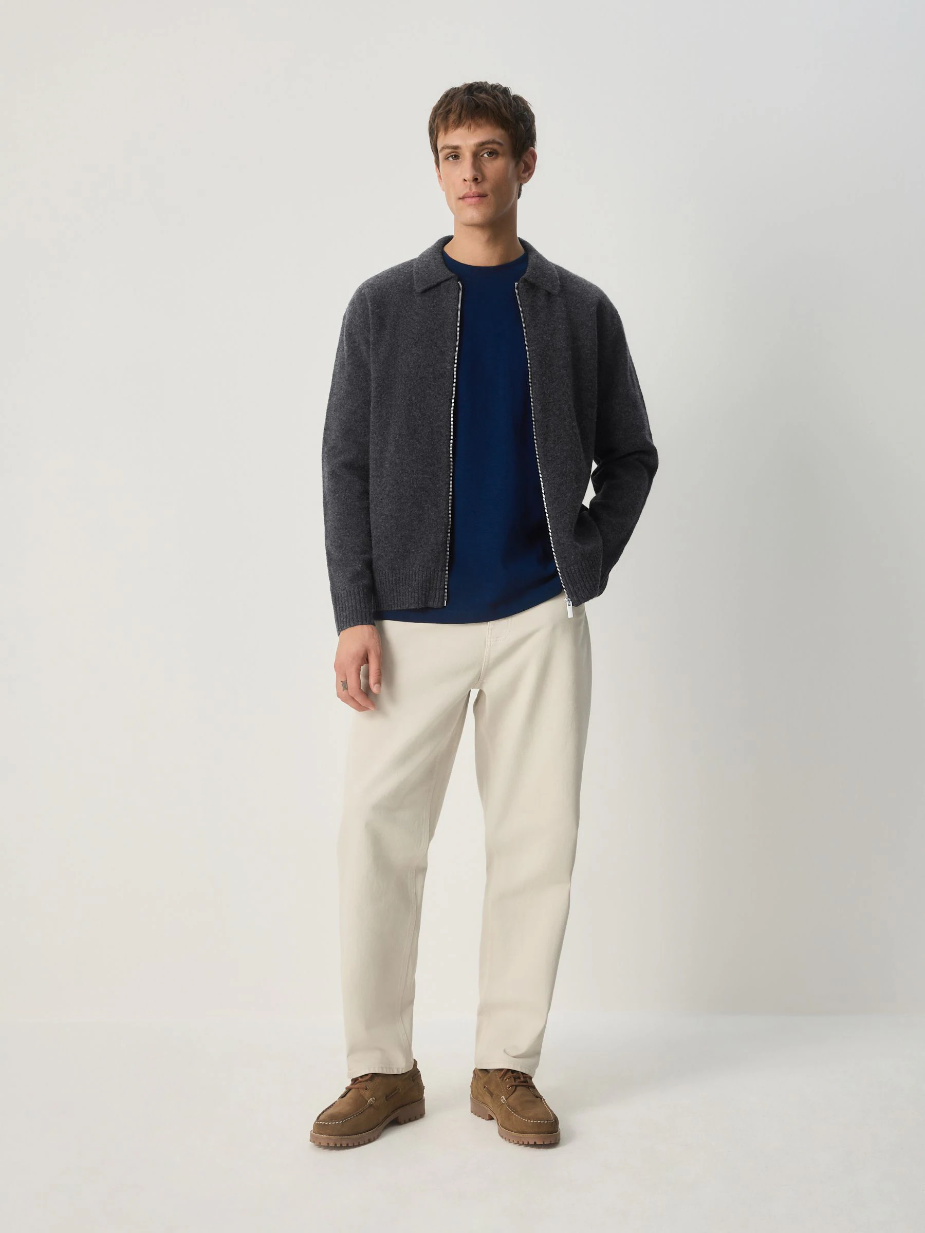 Antraciet - Relaxed Fit Cosy Zip Through Collared Cardigan with Wool