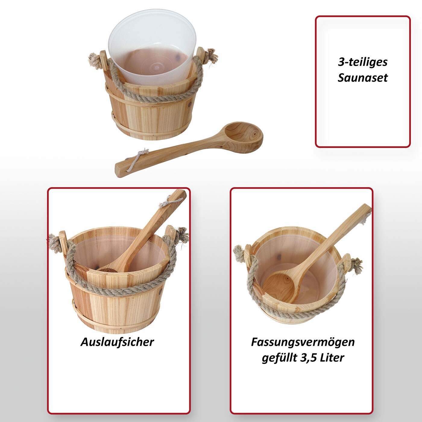 Saunakübel mit Einsatz MCW-B26, Saunazubehör Saunaeimer Saunakelle Aufguss, Kiefernholz 3,5 L