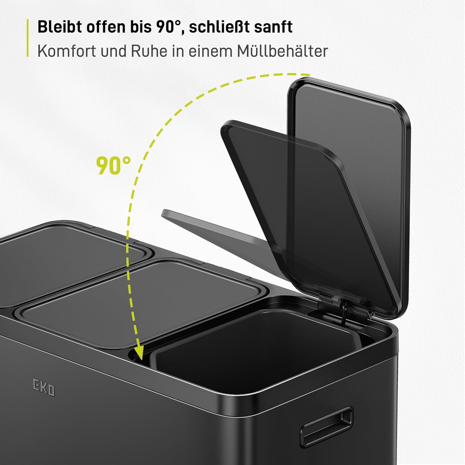 EKO Essential Mülleimer 3 Fächer, 3 x 20 Liter, Mülltrennsystem Küchentretmülleimer, inklusive 20 Müllsäcke, Großraum Abfalleimer mit Deckel, sanftem Schließen und luftdicht, Mattschwarz Edelstahl