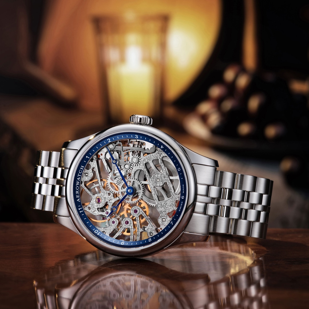 Aerowatch Renaissance Classic Skeleton Edelstahl Silbrig / Blau