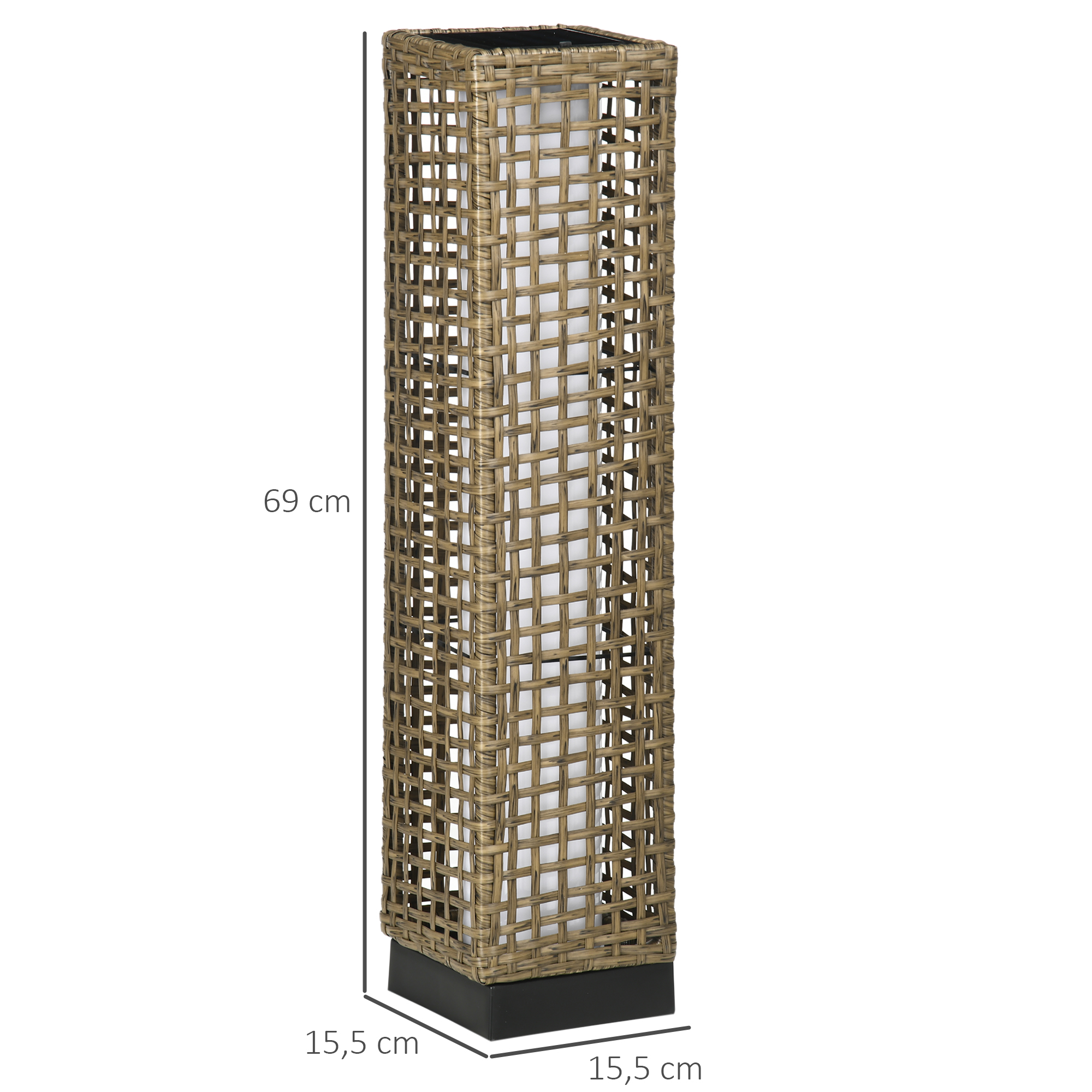 Luminária de jardim solar Outsunny em rattan sintético com luzes LED, liga/desliga automático, ideal para terraços, varandas e pátios, 15,5 x 15,5 x 69 cm, cor areia.