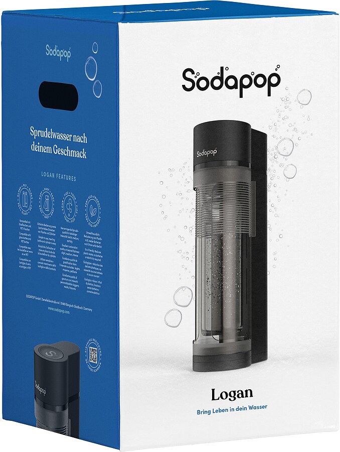 SODAPOP Wassersprudler Logan matt schwarz, 1x 850ml + 1x 600ml Glas + 1x 850ml PET, OHNE CO² Zylinder