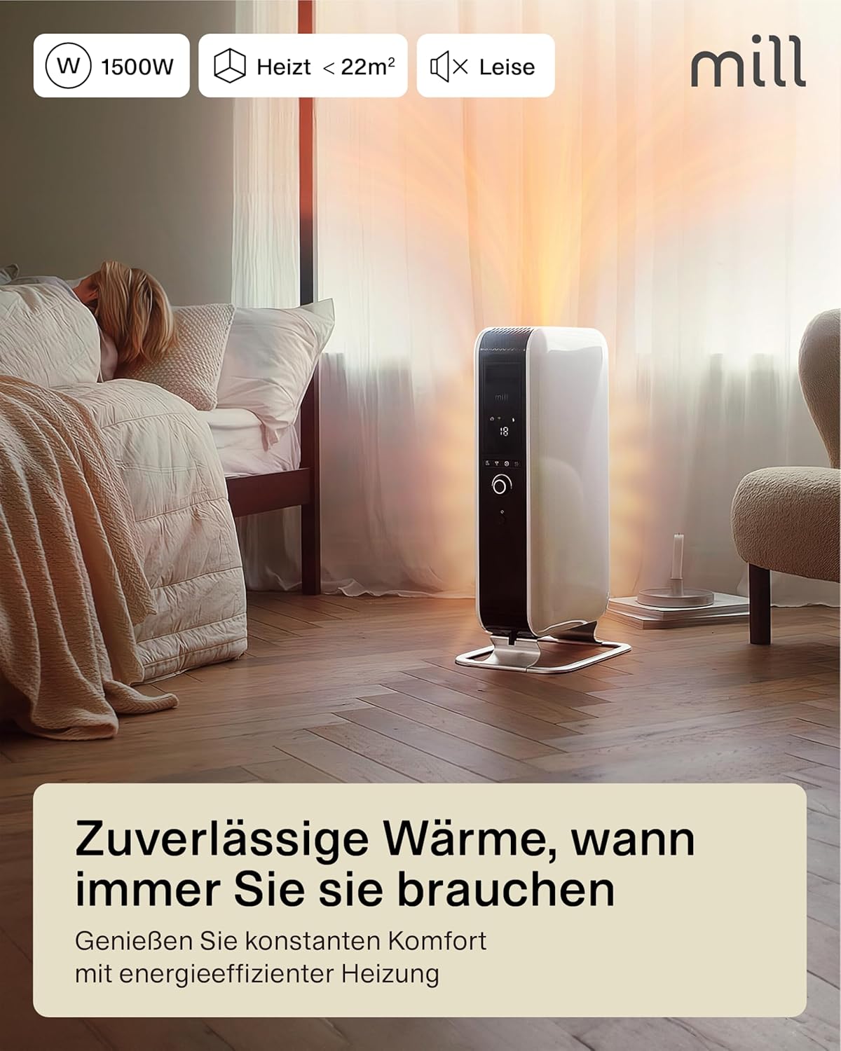 Mill Ölradiator Heizkörper 1500W, elektrische Heizung, bis zu 22 m², geräuschlose Elektroheizung energiesparend, sicherer Elektroheizkörper mit Tag-Nacht Programm, Radiator Heizung elektrisch weiß