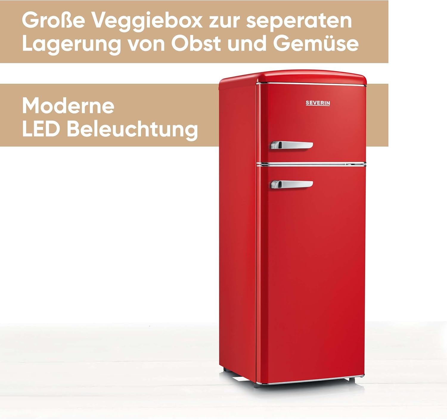 SEVERIN Retro - Kühl-/ Gefrierkombination, platzsparendes Raumwunder, 4 x höhenverstellbare Abstellflächen und eine große Veggiebox, 206 L Nutzinhalt, rot, RKG 8930