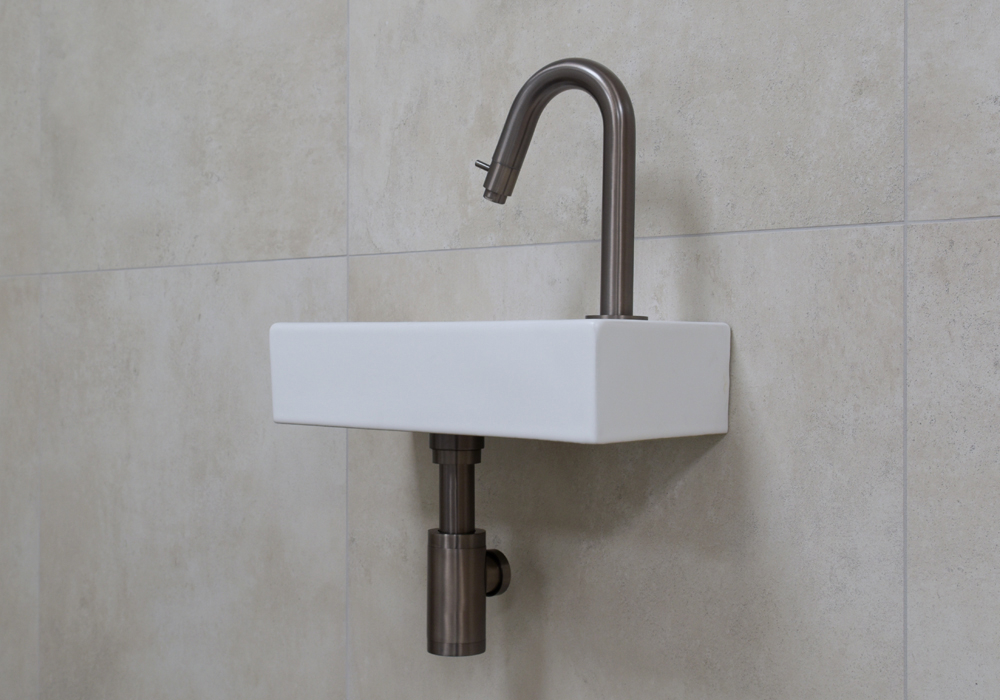 Mueller Mini Rhea 36x18x9cm fonteinset mat wit met oud ijzerkleurige gebogen fonteinkraan rechts