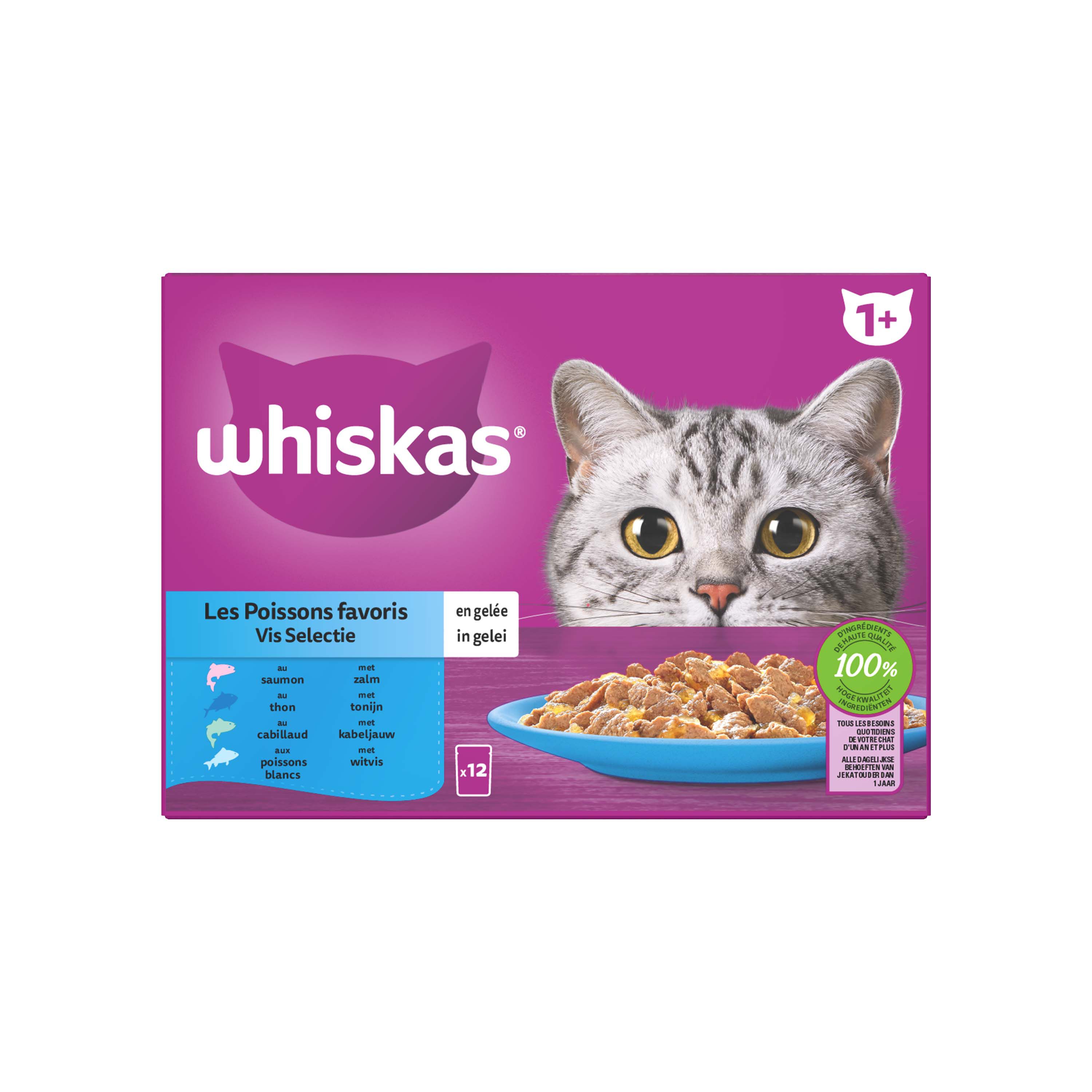 Whiskas  1  Vis Selectie in gelei - Kattenvoer - 12x85 gram - 1020 Gram - gelei