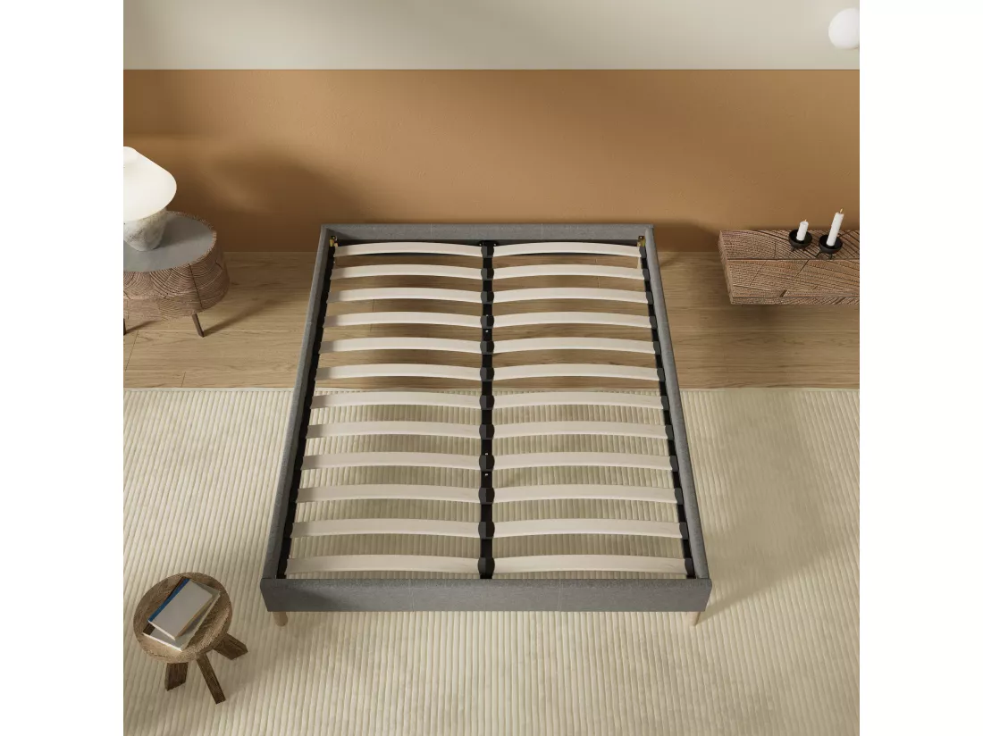Sommier 140x200 cm, Revêtement en tissu Gris, Pieds en bois