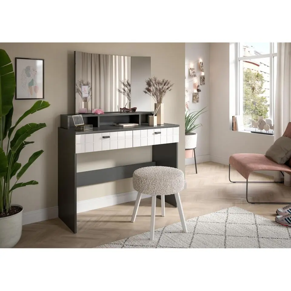 Hioshop Monte kaptafel inclusief spiegel 2 lades- 3 planken wit hoogglans-