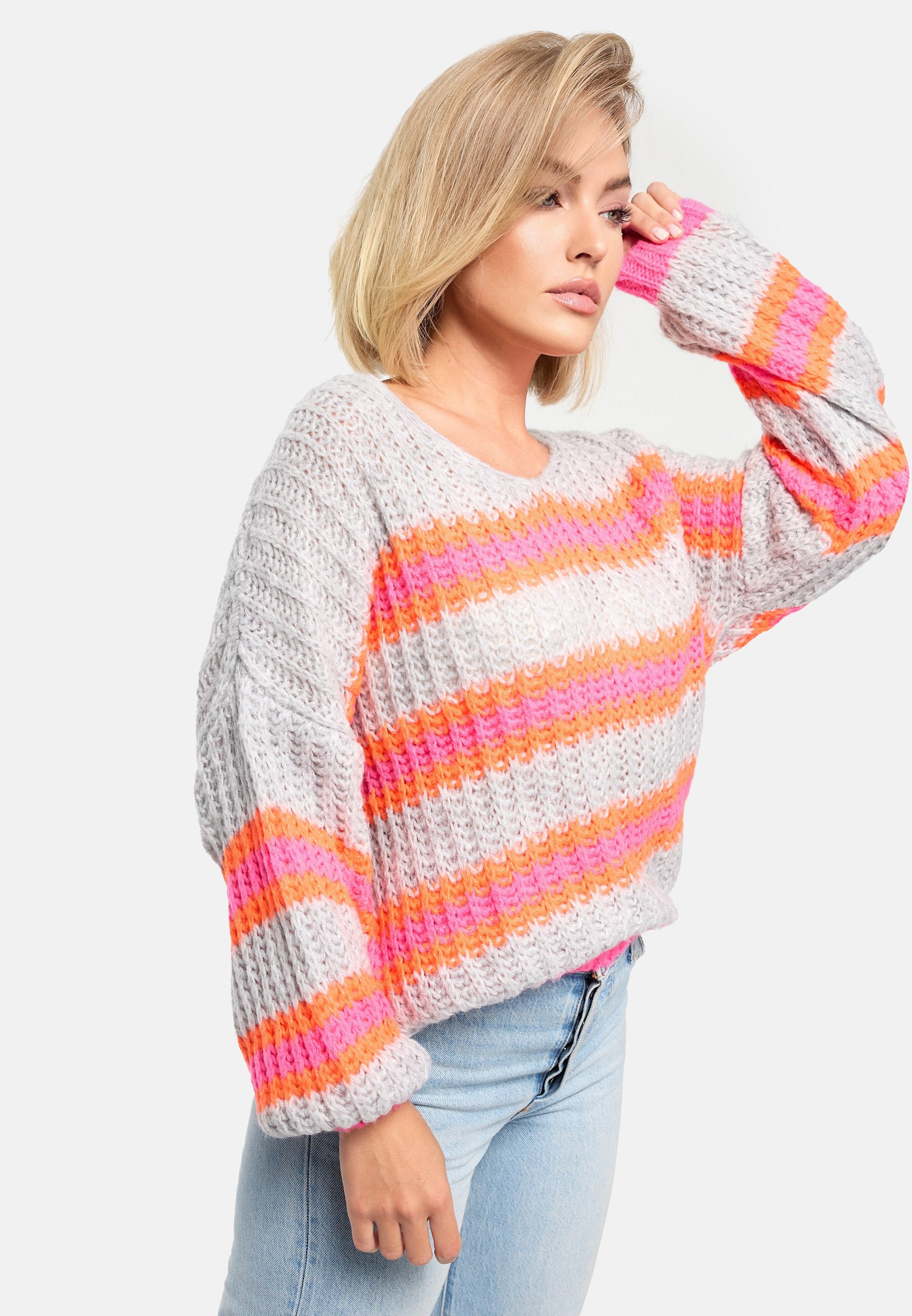 PM SELECTED Damen Strickpullover Kuscheliger Bunter Pullover Gestreifter Pulli in Einheitsgröße PM01
