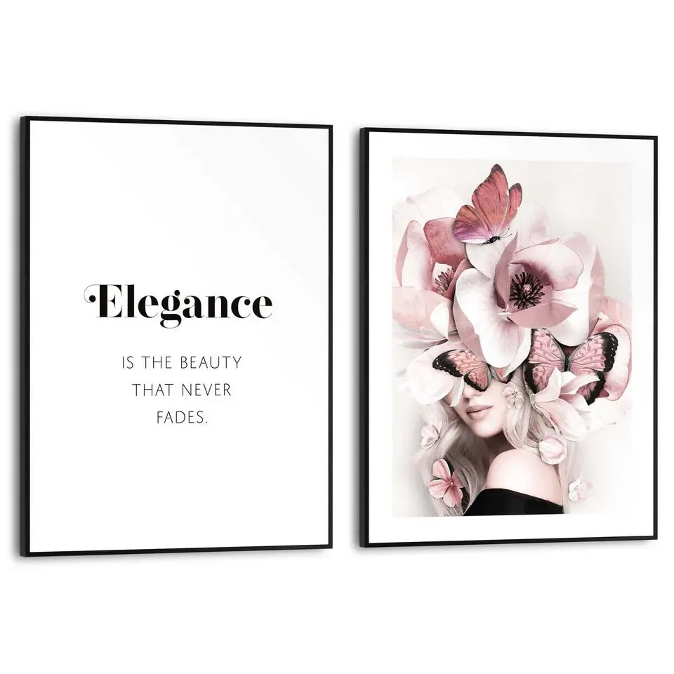 Set poster met lijst - Elegante Bloemenvrouw