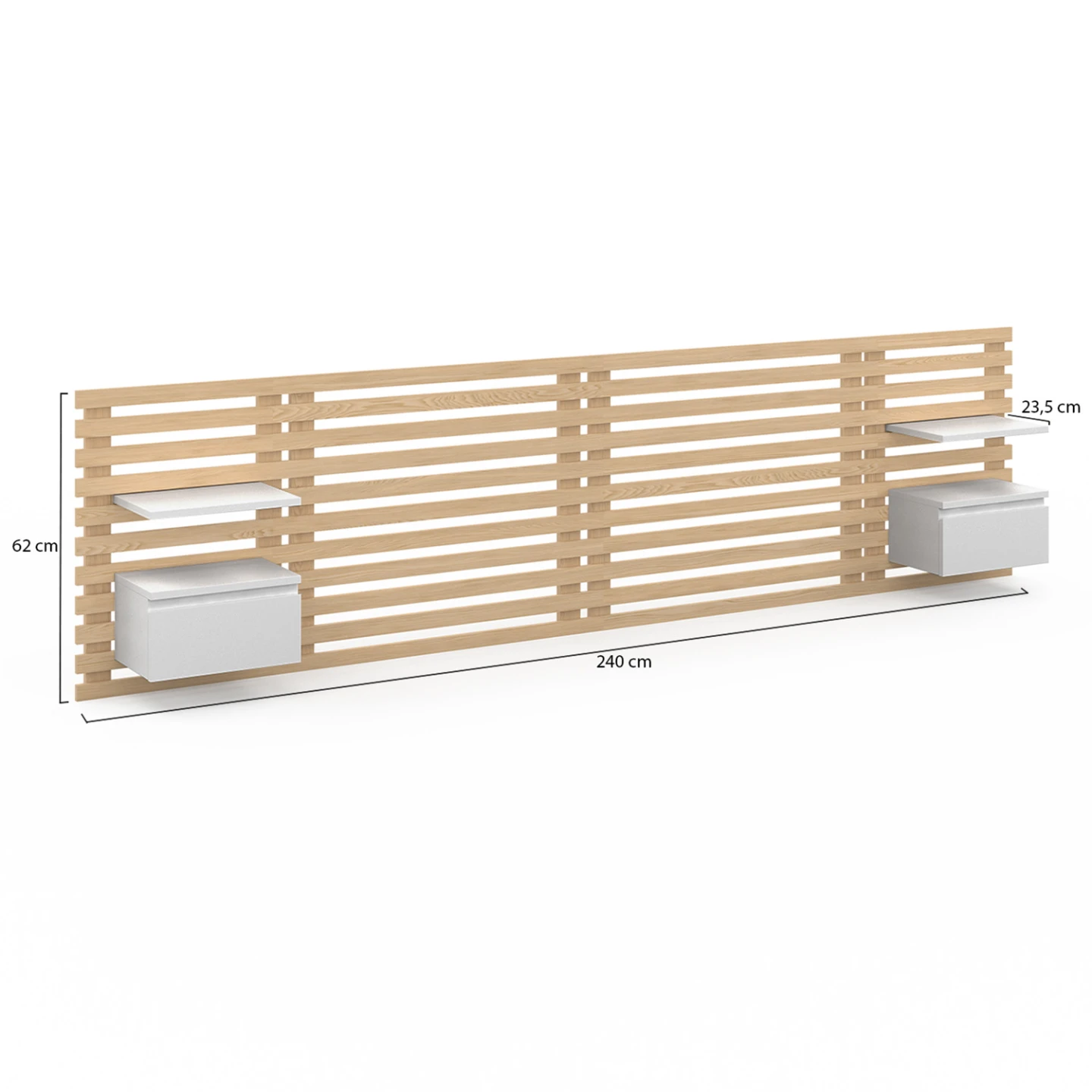 Tête de lit suspendue en lattes AVA 240 cm avec chevets + tiroir façon bois clair et blanc