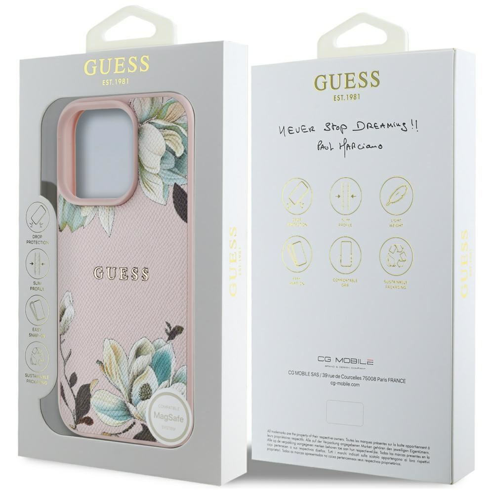 iPhone 16 Pro MagSafe Leder Hardcase Hülle Grained Printed Flower (GUHMP16LPGNMPLMP) - Rosa