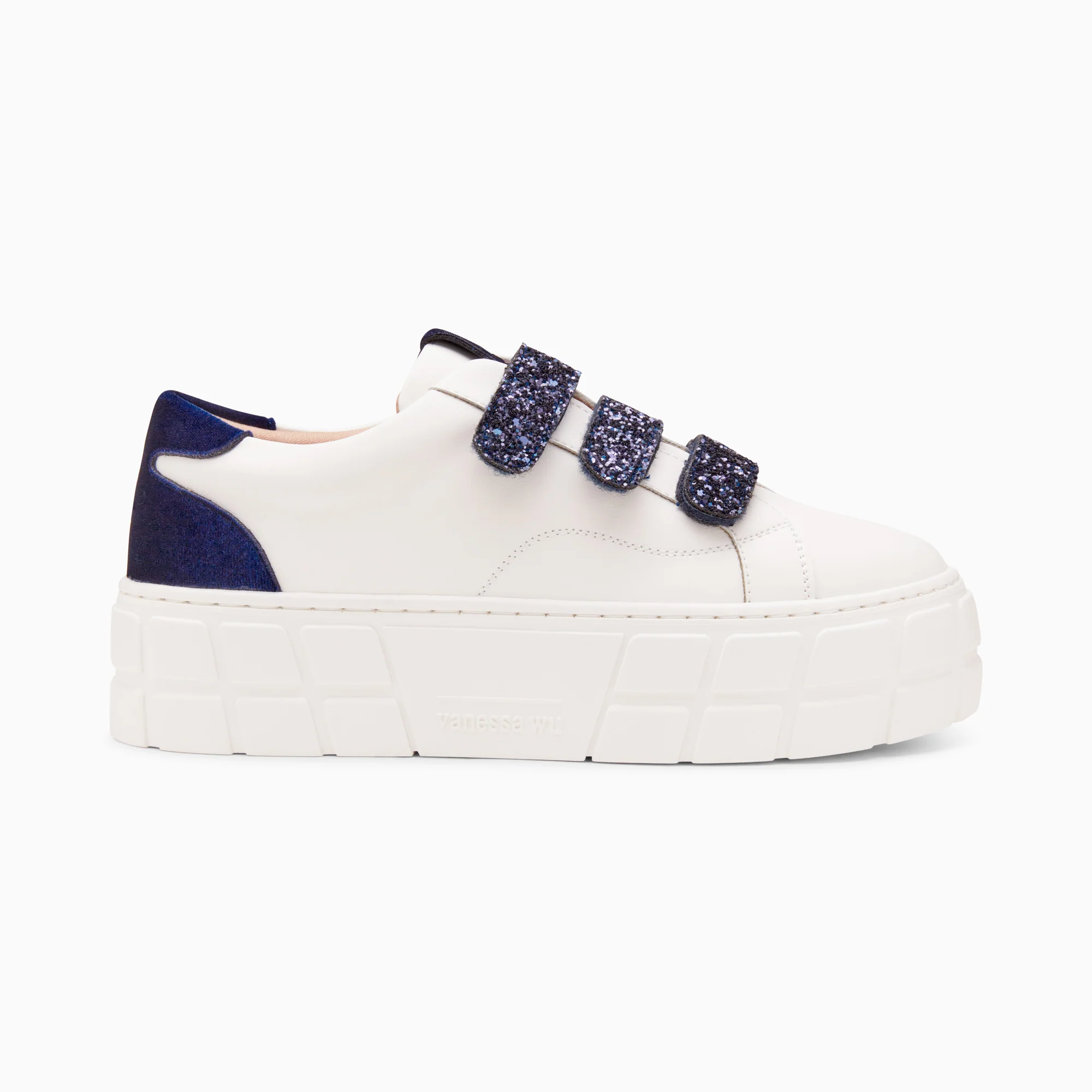 Sneakers-Baskets Monica blanc et bleu marine à scratchs glitter et plateforme