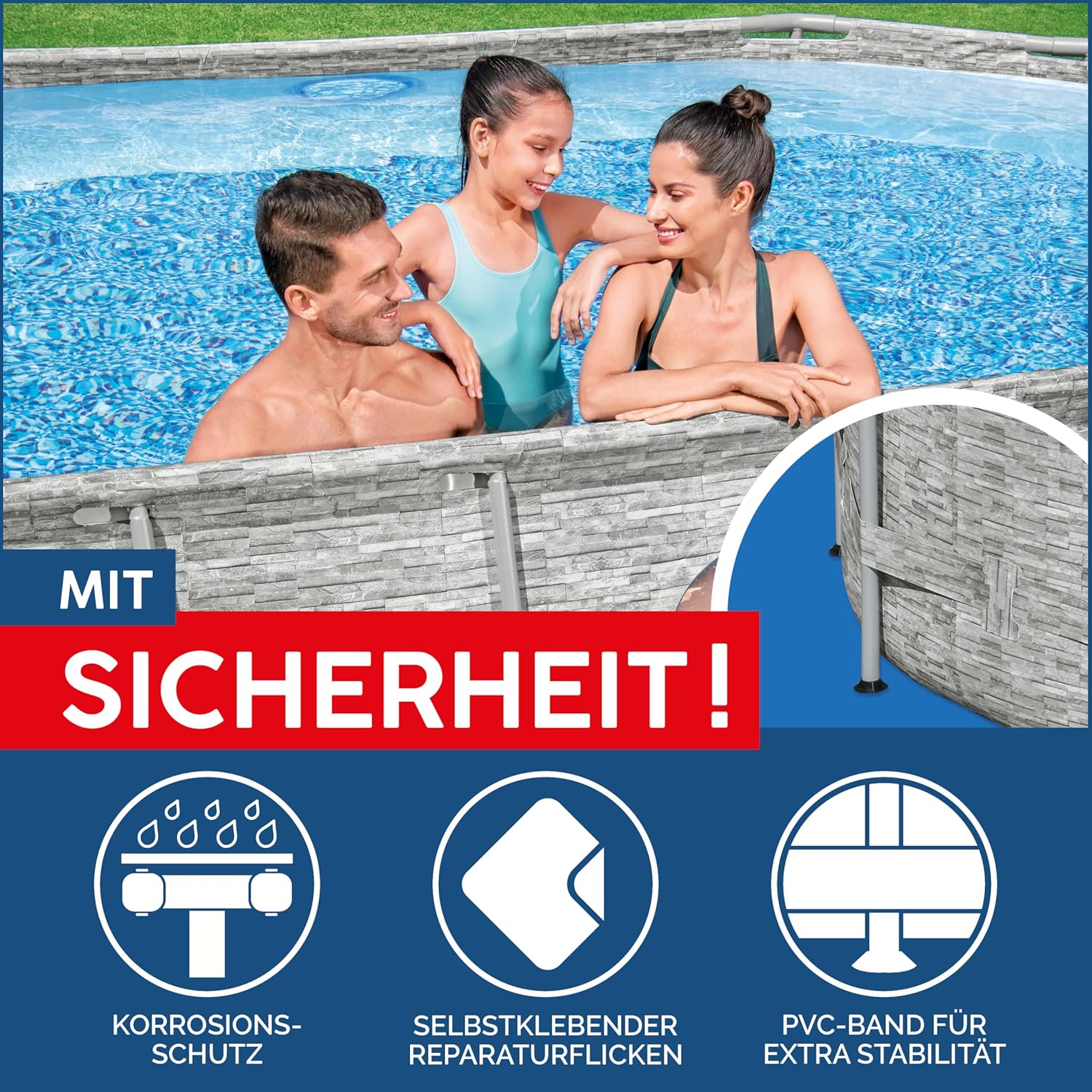 Bestway® Power Steel Swim Vista Series Ersatz Frame Pool ohne Zubehör 488 x 305 x 107 cm, Steinwand-Optik (Cremegrau), oval